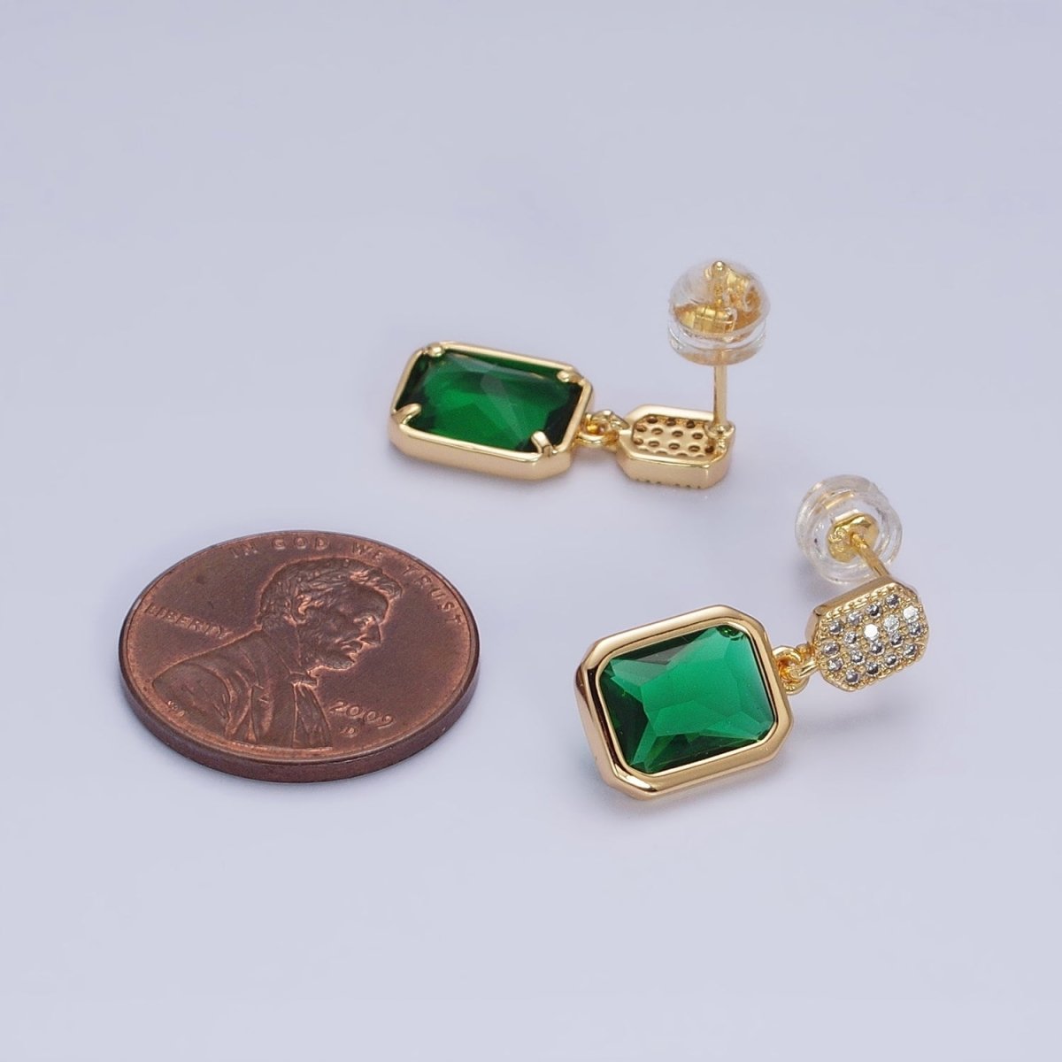 16K Gold Filled Fuchsia, Green Multifaceted Baguette CZ Drop Micro Pave Bar Stud Earrings in Gold & Silver