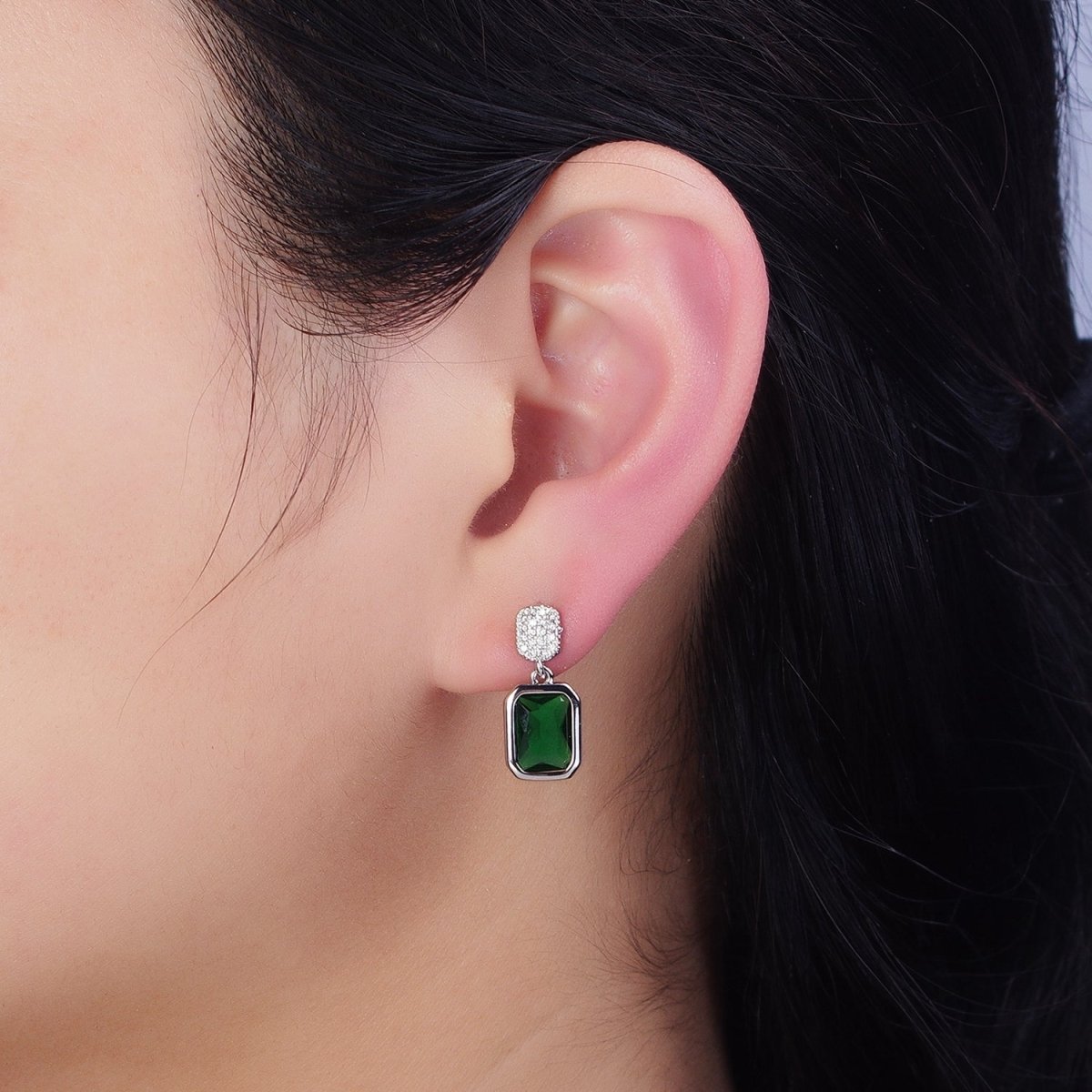 16K Gold Filled Fuchsia, Green Multifaceted Baguette CZ Drop Micro Pave Bar Stud Earrings in Gold & Silver