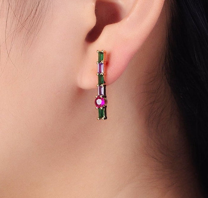 Minimalist Gold-Filled Fuchsia Multicolor Baguette Round CZ Linear Drop Stud Earrings in Gold & Silver