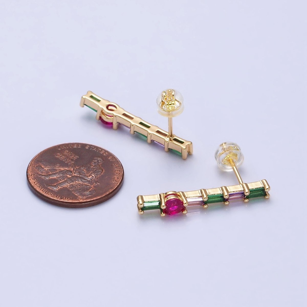 Minimalist Gold-Filled Fuchsia Multicolor Baguette Round CZ Linear Drop Stud Earrings in Gold & Silver