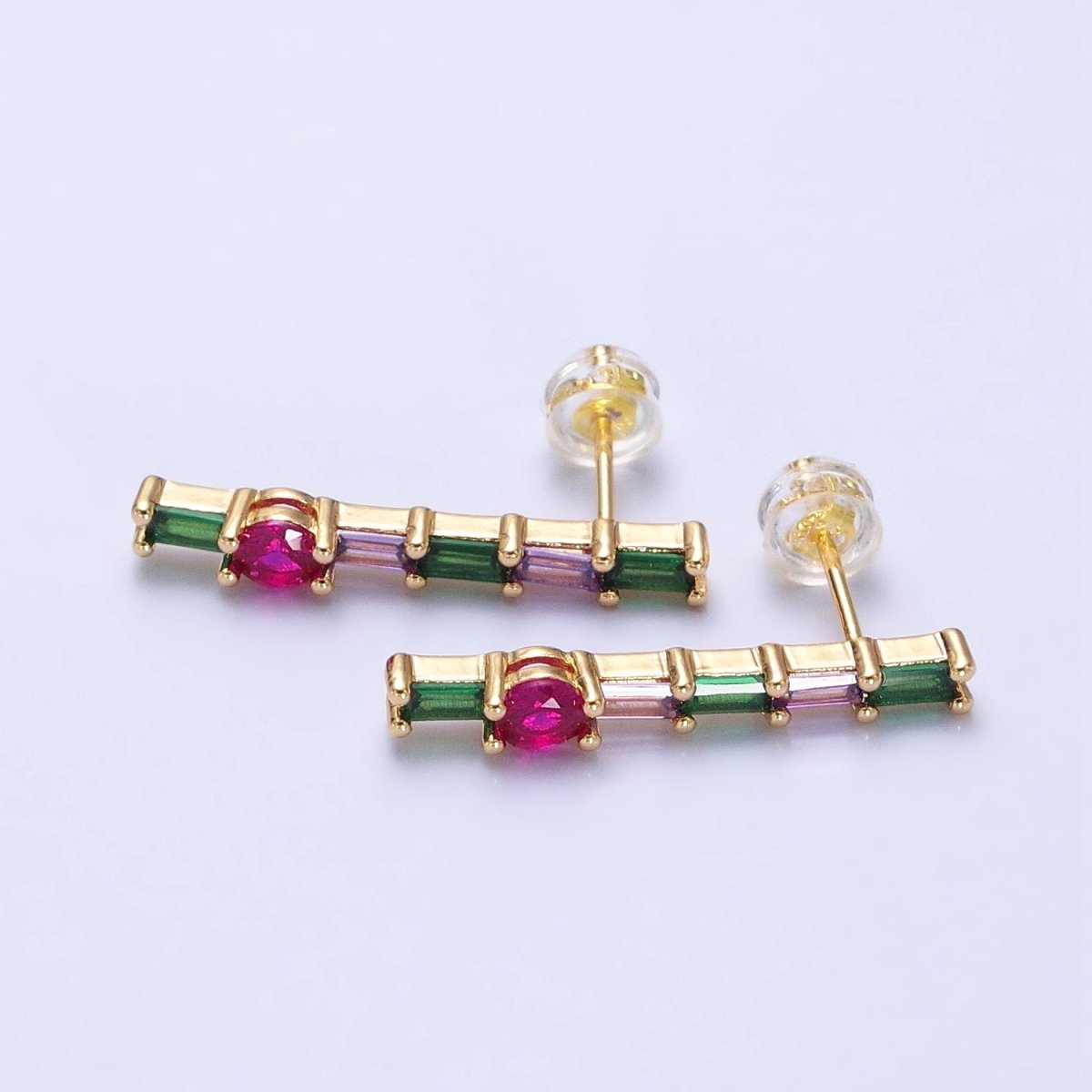 Minimalist Gold-Filled Fuchsia Multicolor Baguette Round CZ Linear Drop Stud Earrings in Gold & Silver