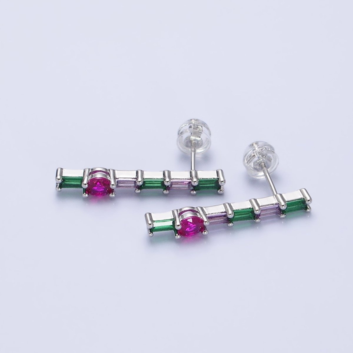 Minimalist Gold-Filled Fuchsia Multicolor Baguette Round CZ Linear Drop Stud Earrings in Gold & Silver