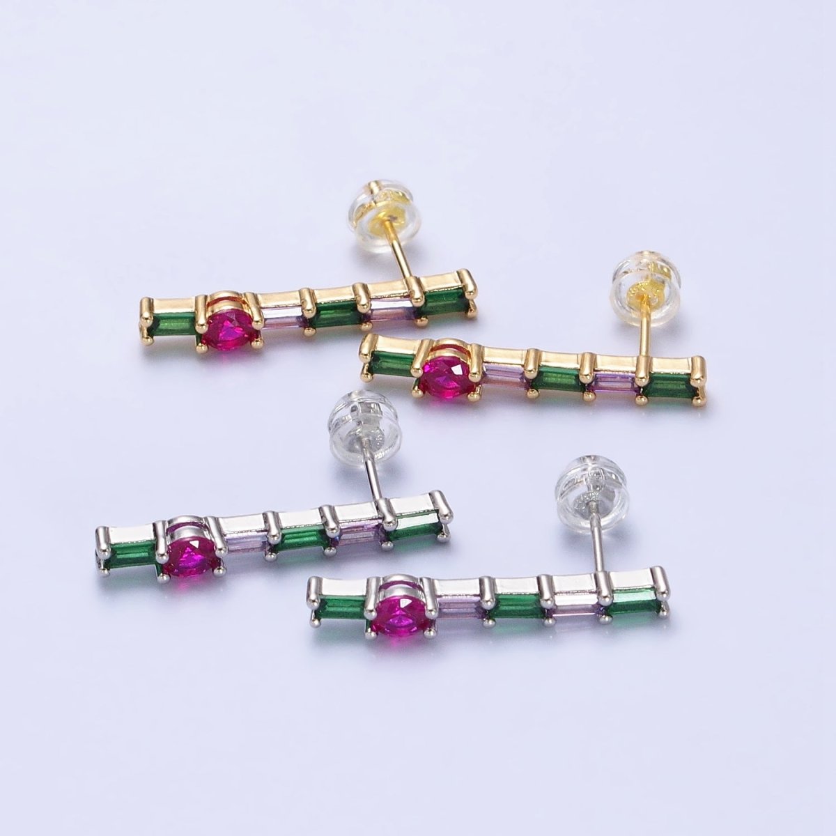 Minimalist Gold-Filled Fuchsia Multicolor Baguette Round CZ Linear Drop Stud Earrings in Gold & Silver