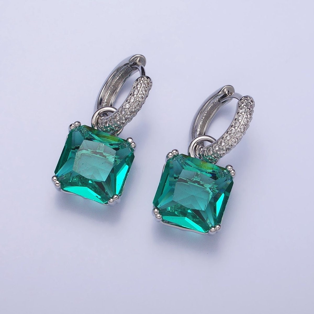 Beautiful 16K Gold Filled Green Aqua Square CZ Drop Micro Pave Huggie Earrings