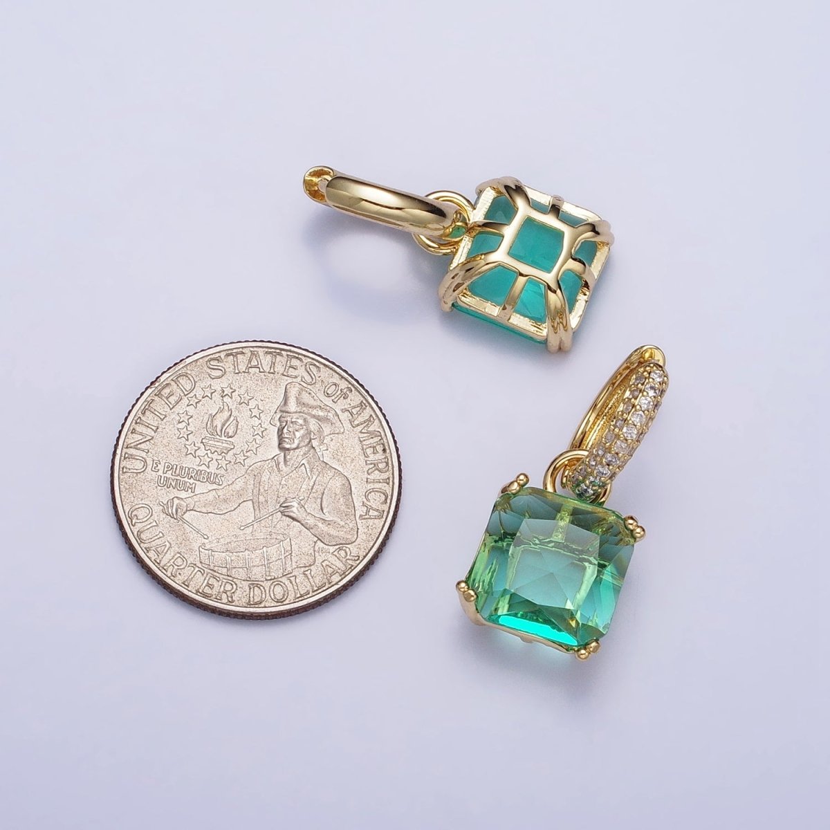 Beautiful 16K Gold Filled Green Aqua Square CZ Drop Micro Pave Huggie Earrings