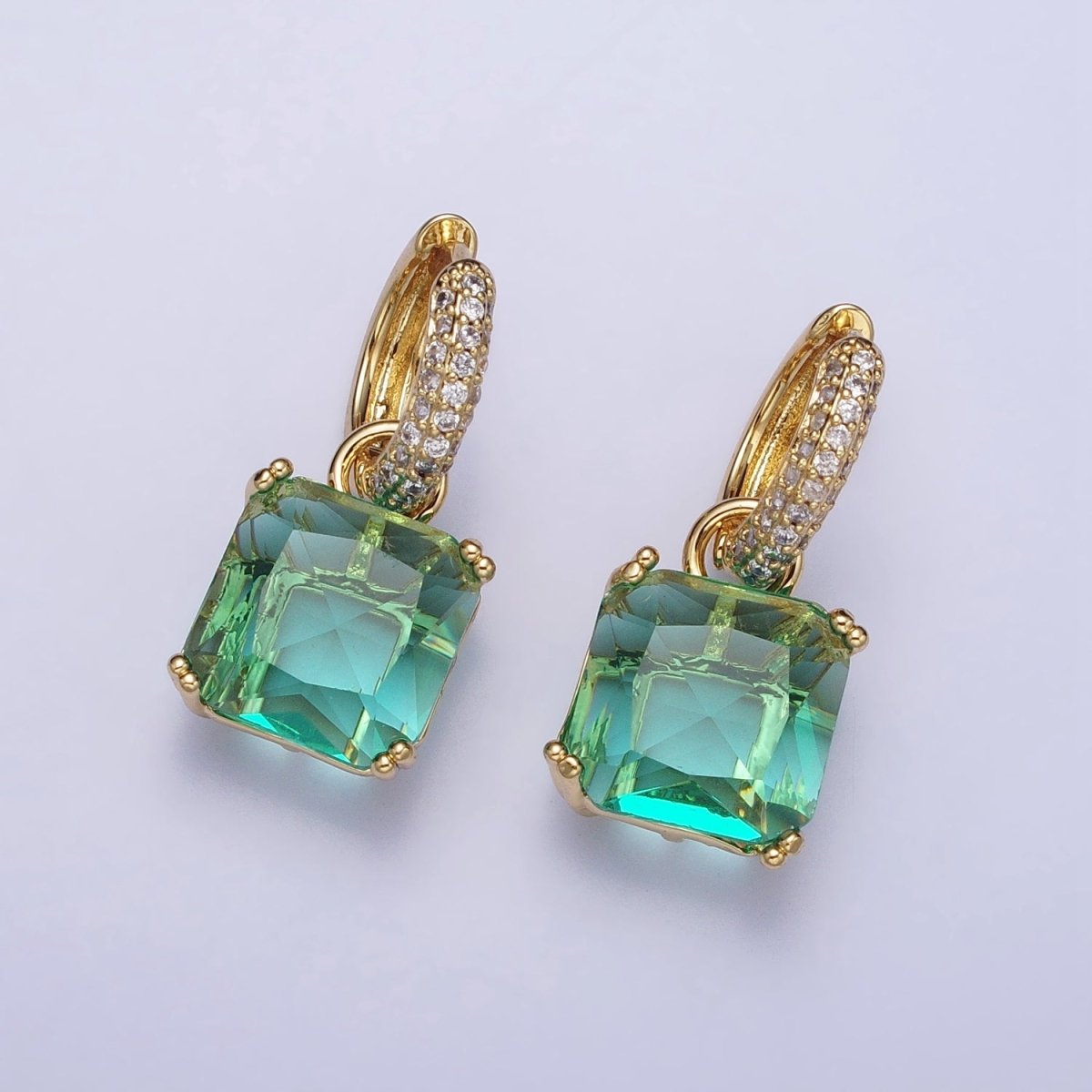 Beautiful 16K Gold Filled Green Aqua Square CZ Drop Micro Pave Huggie Earrings
