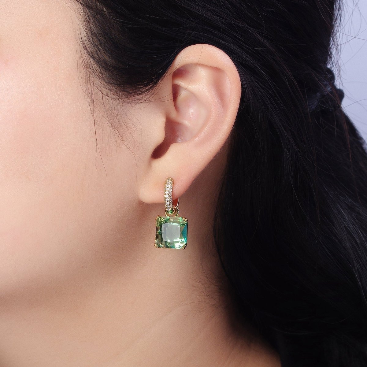 Beautiful 16K Gold Filled Green Aqua Square CZ Drop Micro Pave Huggie Earrings