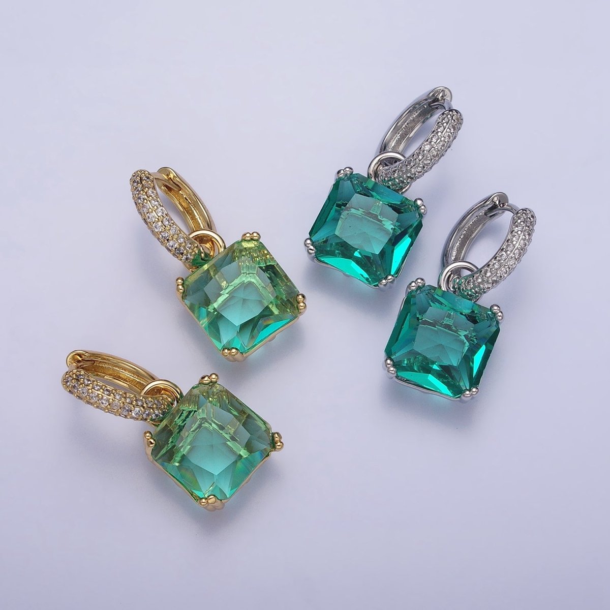 Beautiful 16K Gold Filled Green Aqua Square CZ Drop Micro Pave Huggie Earrings