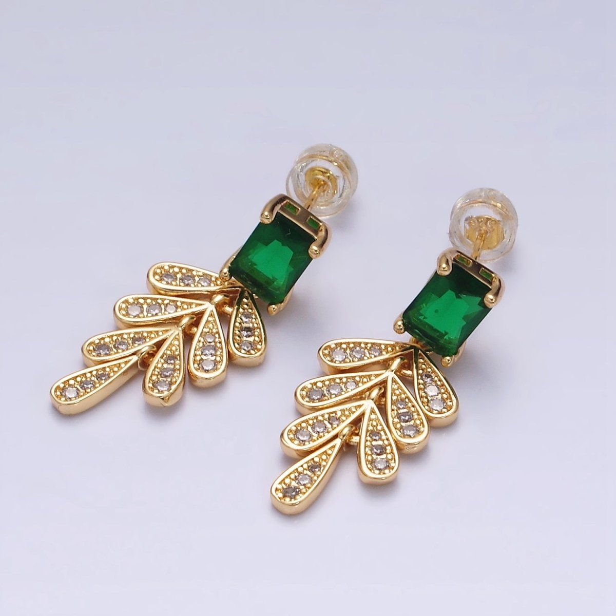 Beautiful 16K Gold Filled Green Baguette Micro Pave CZ Olive Leaf Drop Stud Earrings in Gold & Silver