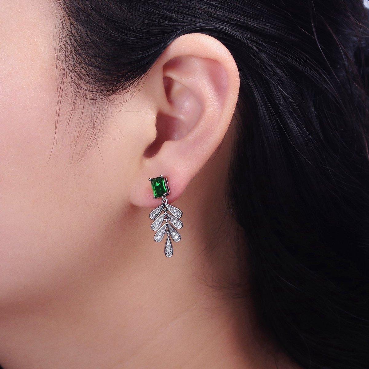 Beautiful 16K Gold Filled Green Baguette Micro Pave CZ Olive Leaf Drop Stud Earrings in Gold & Silver
