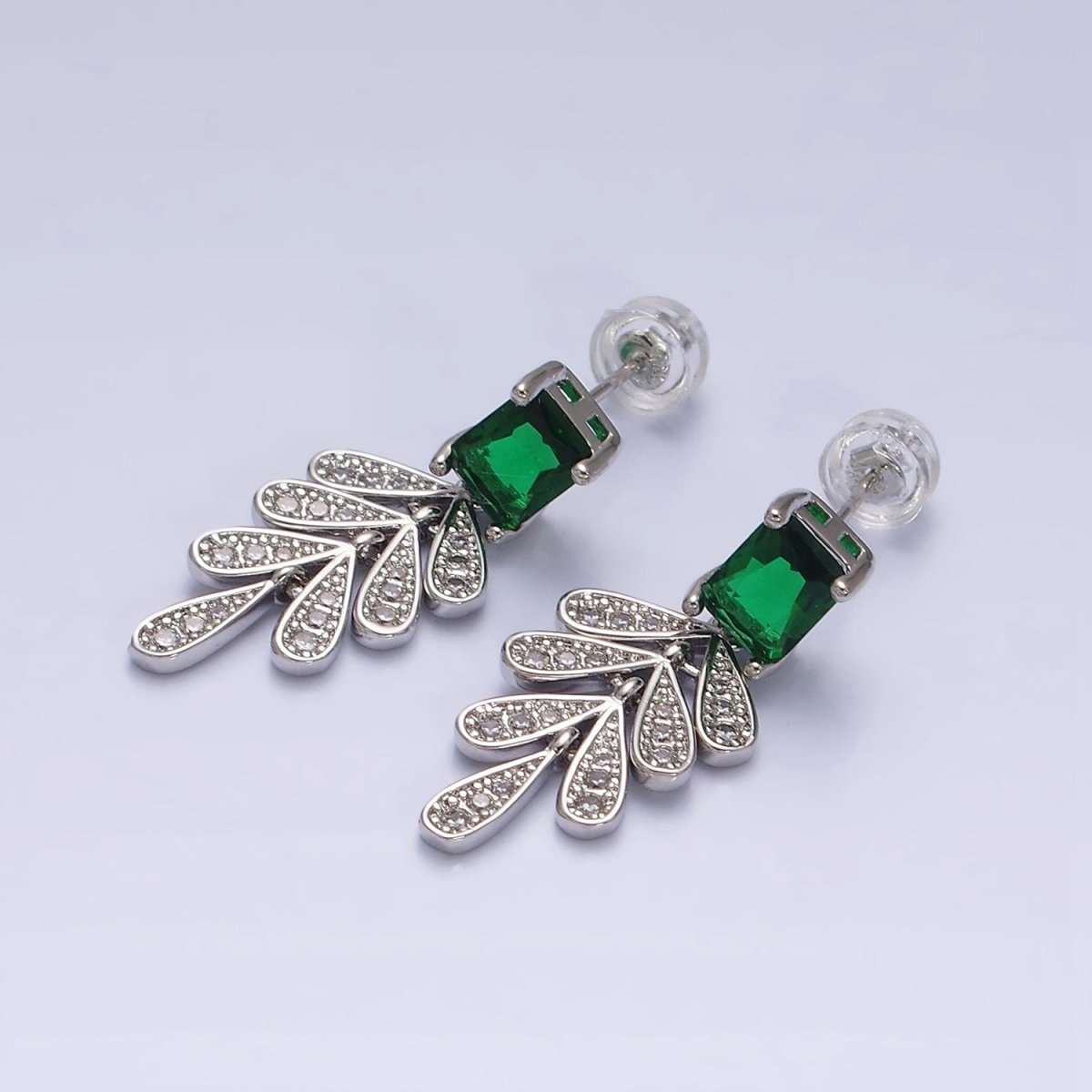 Beautiful 16K Gold Filled Green Baguette Micro Pave CZ Olive Leaf Drop Stud Earrings in Gold & Silver