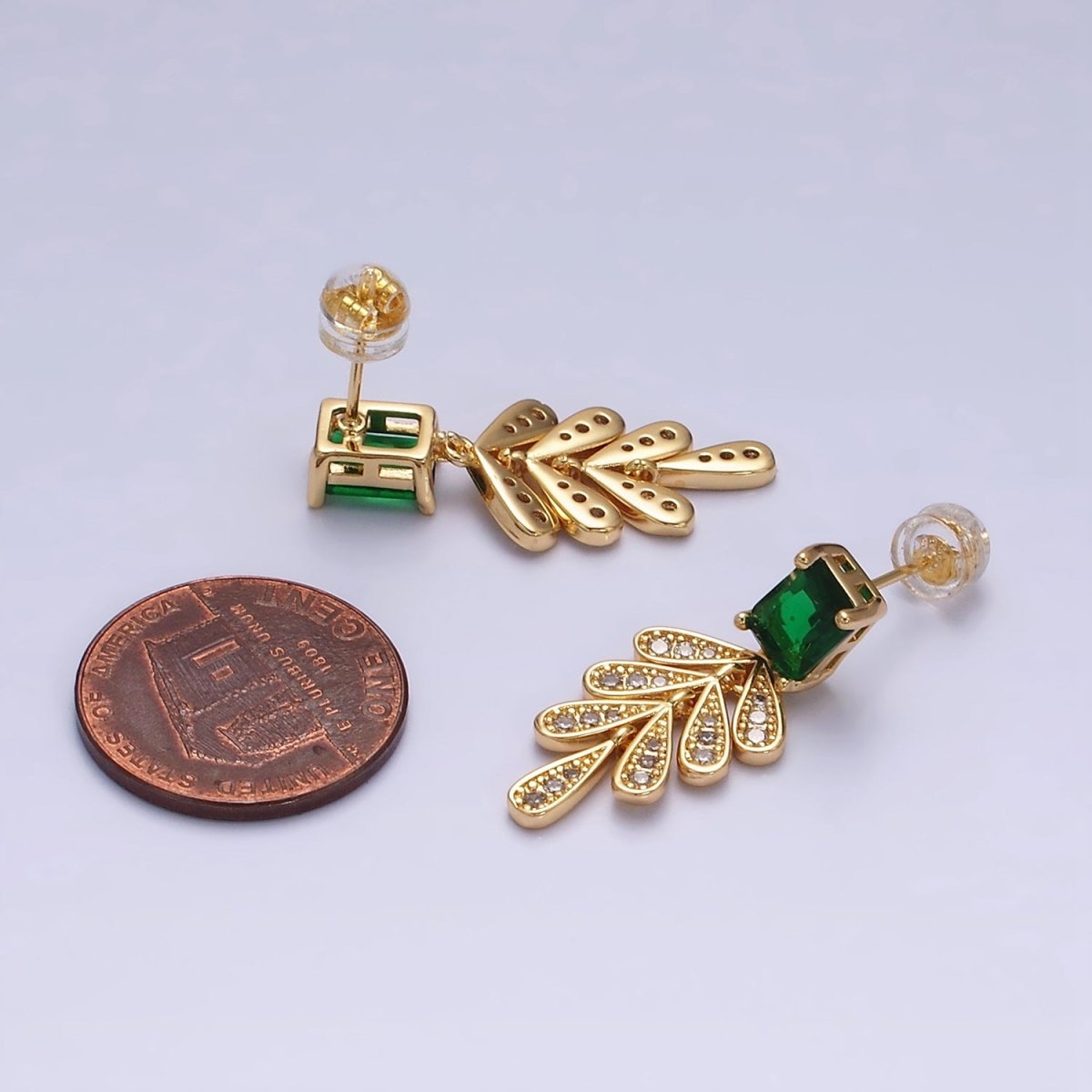 Beautiful 16K Gold Filled Green Baguette Micro Pave CZ Olive Leaf Drop Stud Earrings in Gold & Silver