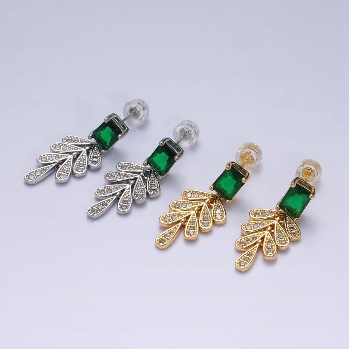 Beautiful 16K Gold Filled Green Baguette Micro Pave CZ Olive Leaf Drop Stud Earrings in Gold & Silver