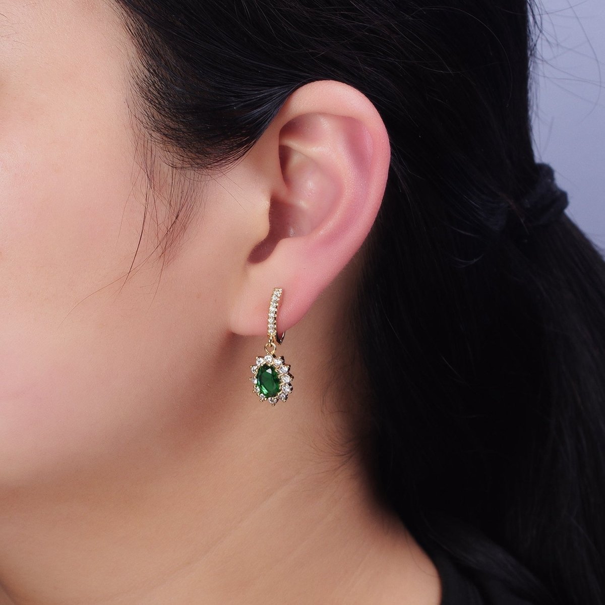 16K Gold Filled Green Celestial Sun Flower Oval CZ Drop Clear Micro Paved English Lock Earrings in Gold & Silver