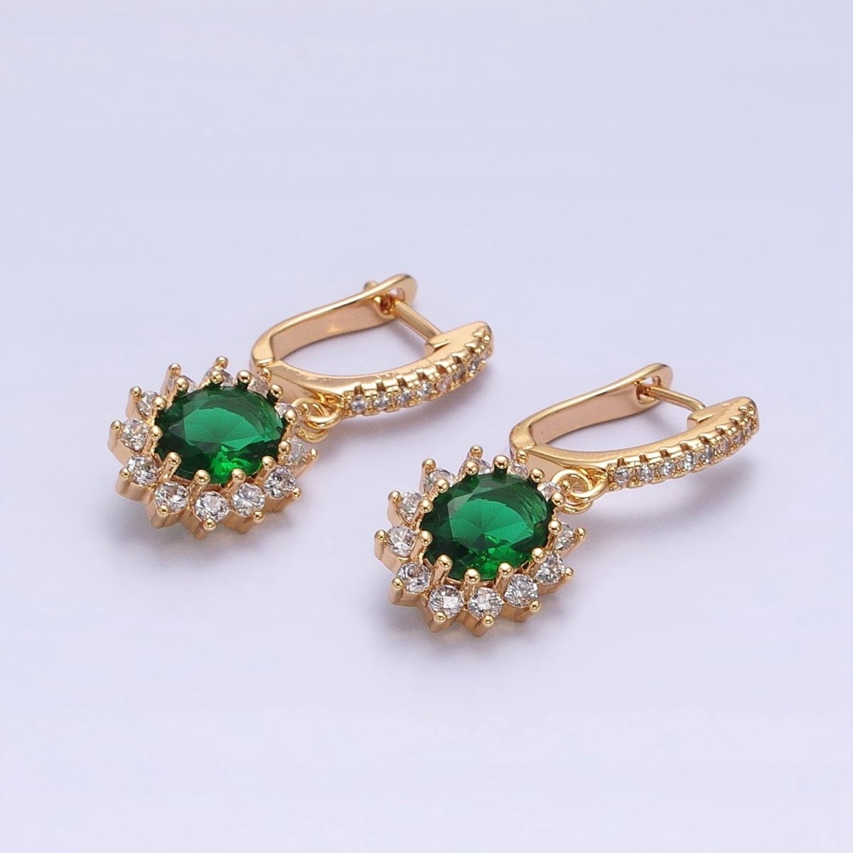 16K Gold Filled Green Celestial Sun Flower Oval CZ Drop Clear Micro Paved English Lock Earrings in Gold & Silver