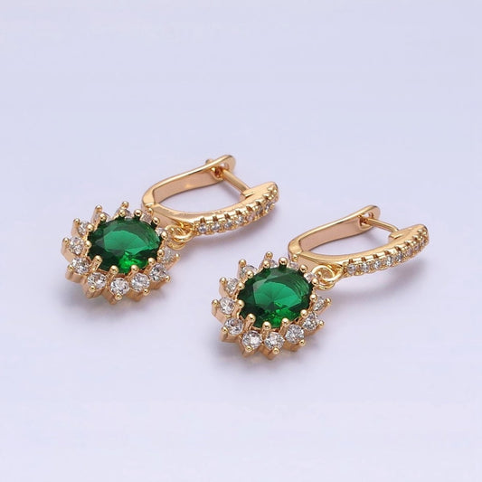 16K Gold Filled Green Celestial Sun Flower Oval CZ Drop Clear Micro Paved English Lock Earrings in Gold & Silver
