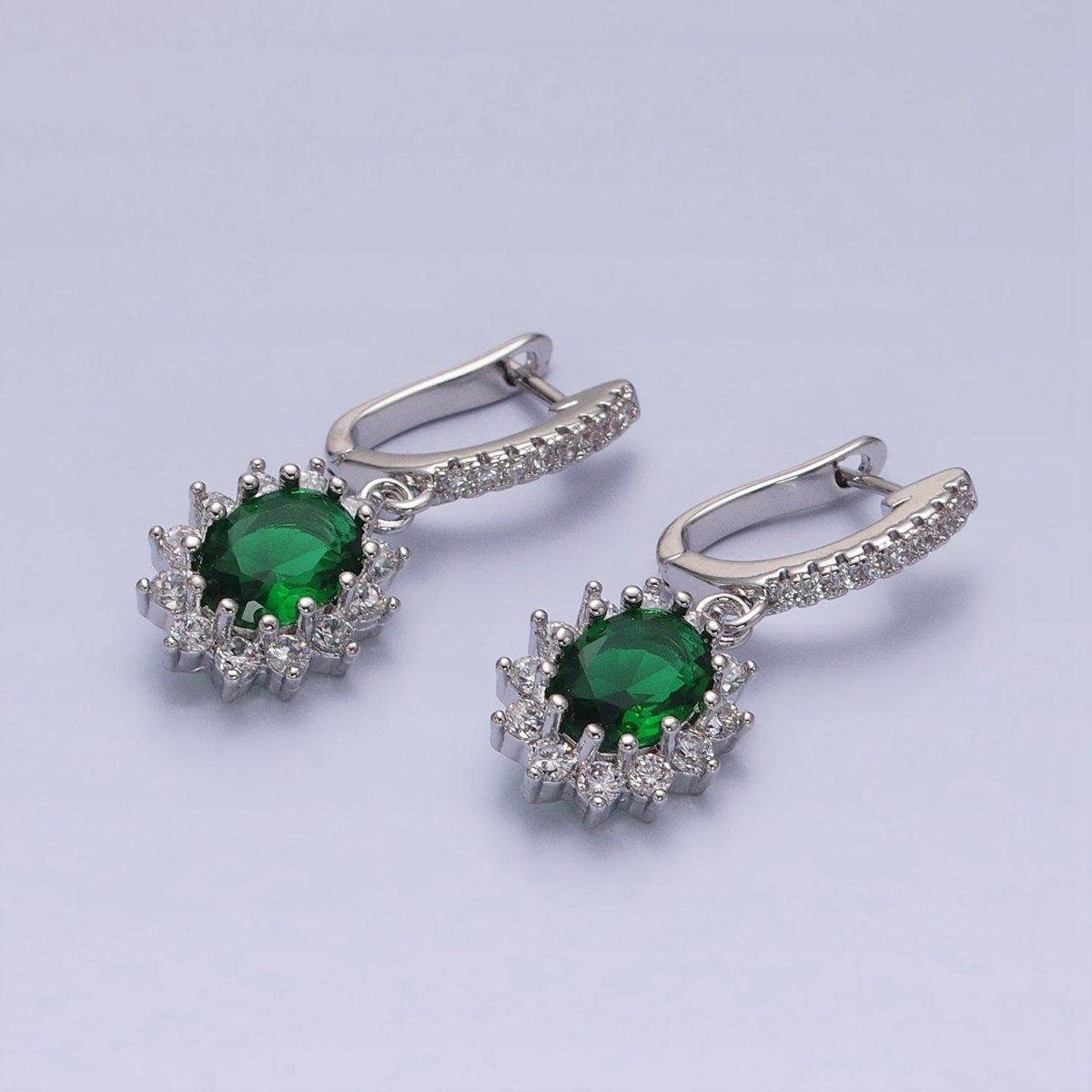 16K Gold Filled Green Celestial Sun Flower Oval CZ Drop Clear Micro Paved English Lock Earrings in Gold & Silver