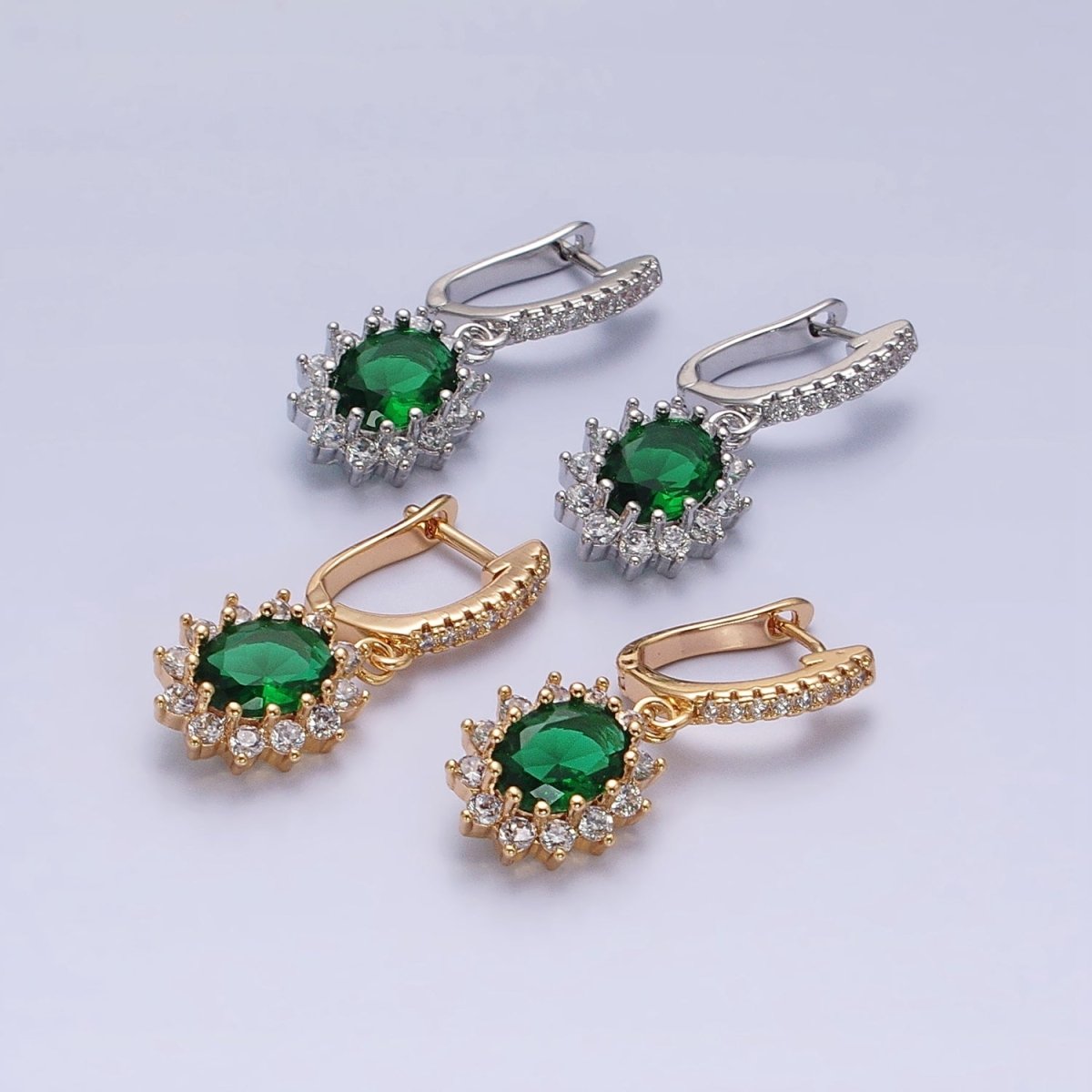 16K Gold Filled Green Celestial Sun Flower Oval CZ Drop Clear Micro Paved English Lock Earrings in Gold & Silver