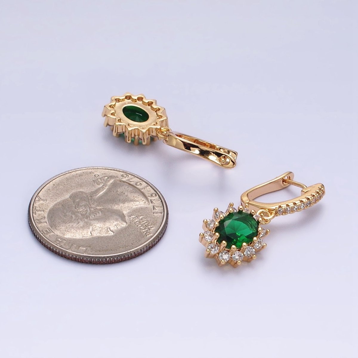 16K Gold Filled Green Celestial Sun Flower Oval CZ Drop Clear Micro Paved English Lock Earrings in Gold & Silver