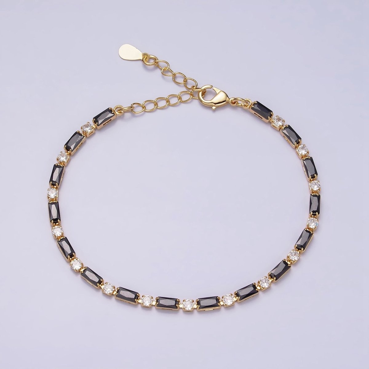 16K Gold Filled Green, Checkered, Black, Clear, Pink 2.5mm Baguette Round CZ 6.5 Inch Tennis Chain Bracelet