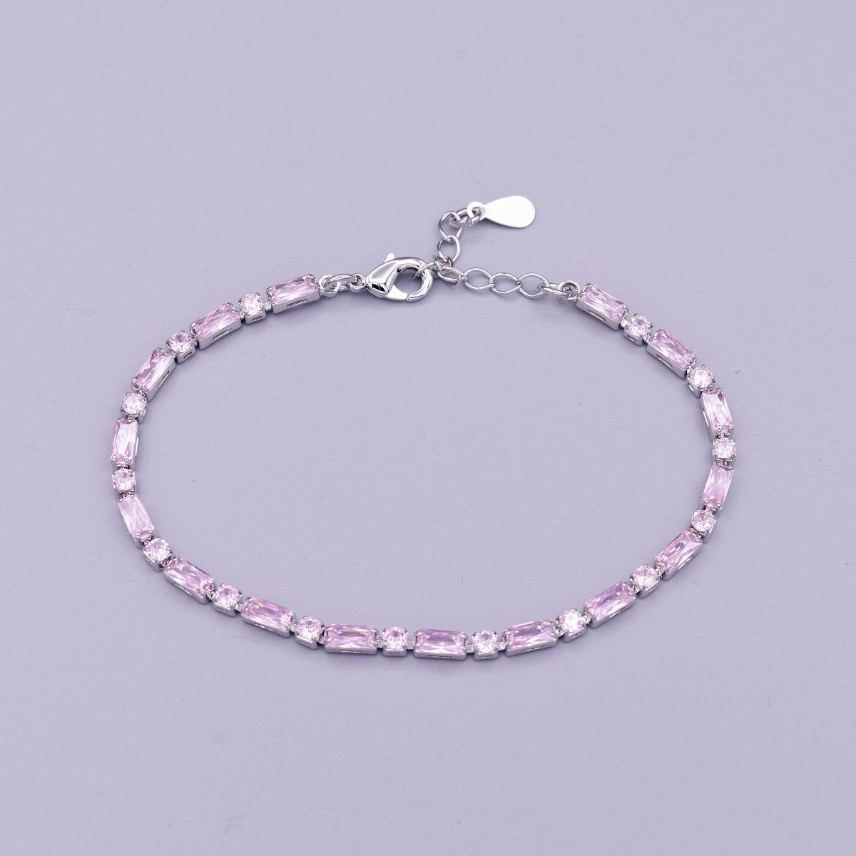 16K Gold Filled Green, Checkered, Black, Clear, Pink 2.5mm Baguette Round CZ 6.5 Inch Tennis Chain Bracelet