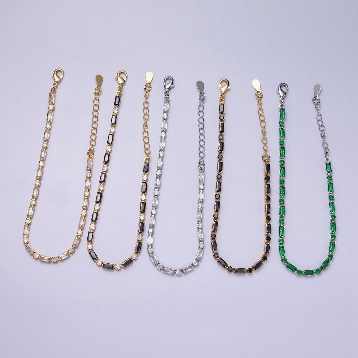 16K Gold Filled Green, Checkered, Black, Clear, Pink 2.5mm Baguette Round CZ 6.5 Inch Tennis Chain Bracelet