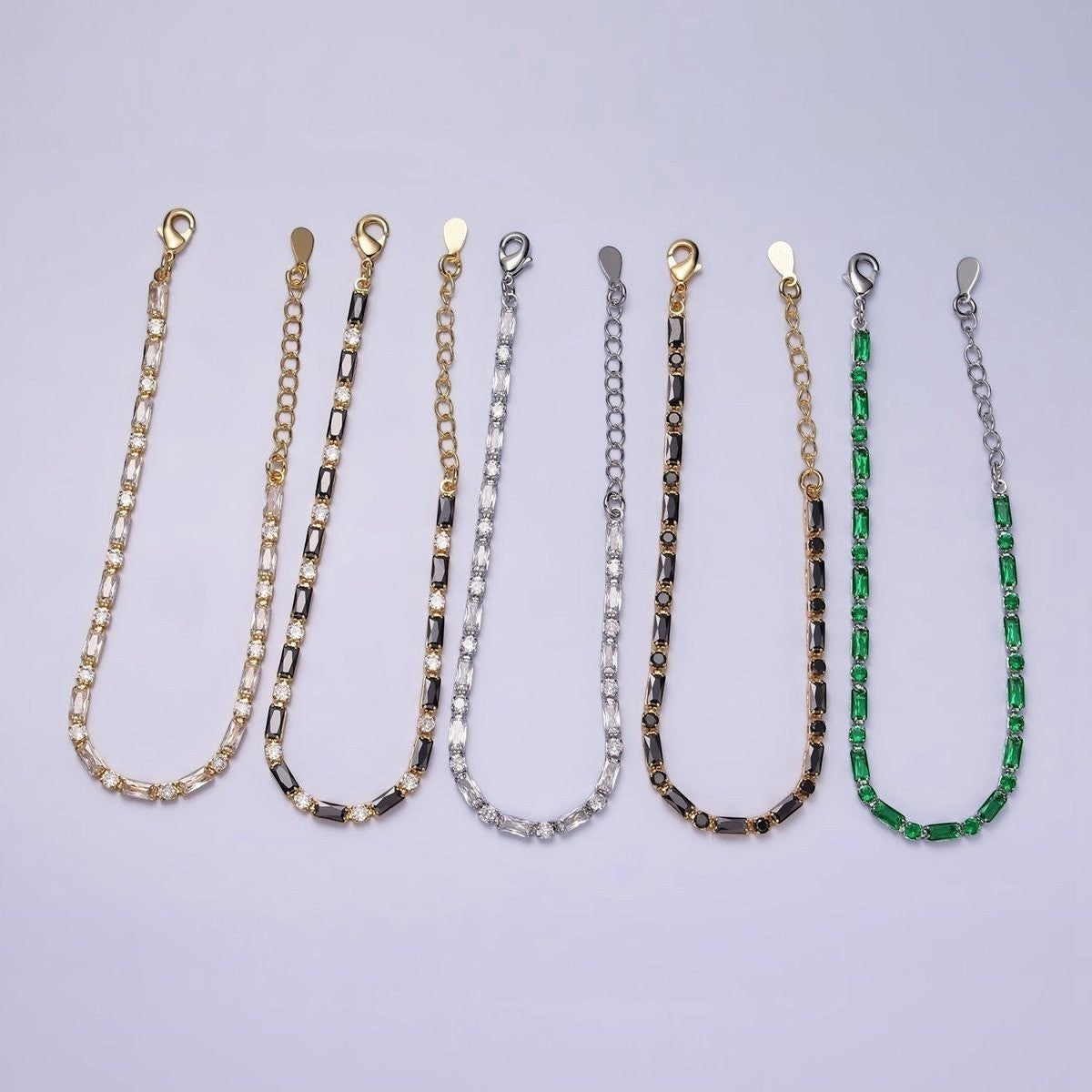 16K Gold Filled Green, Checkered, Black, Clear, Pink 2.5mm Baguette Round CZ 6.5 Inch Tennis Chain Bracelet