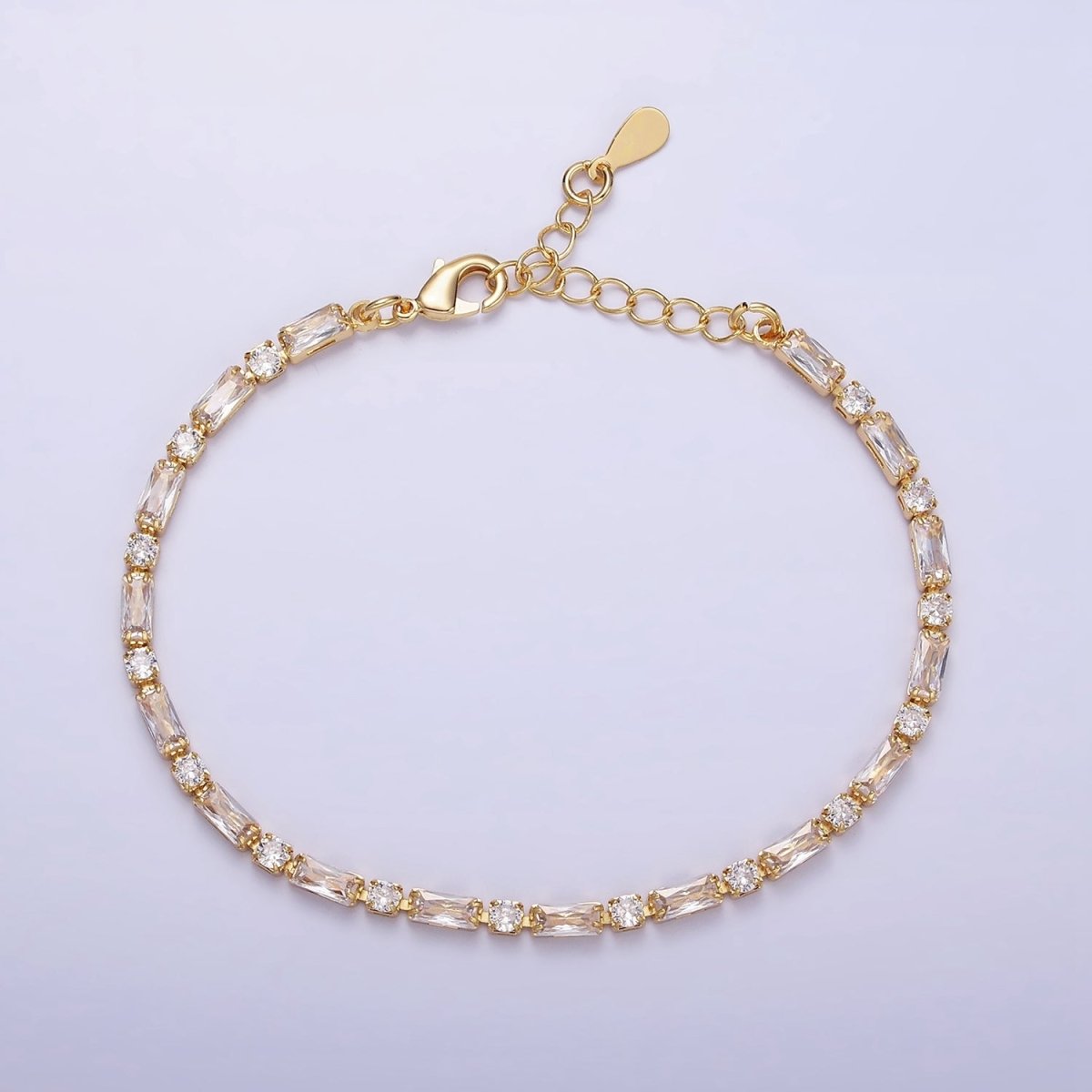16K Gold Filled Green, Checkered, Black, Clear, Pink 2.5mm Baguette Round CZ 6.5 Inch Tennis Chain Bracelet