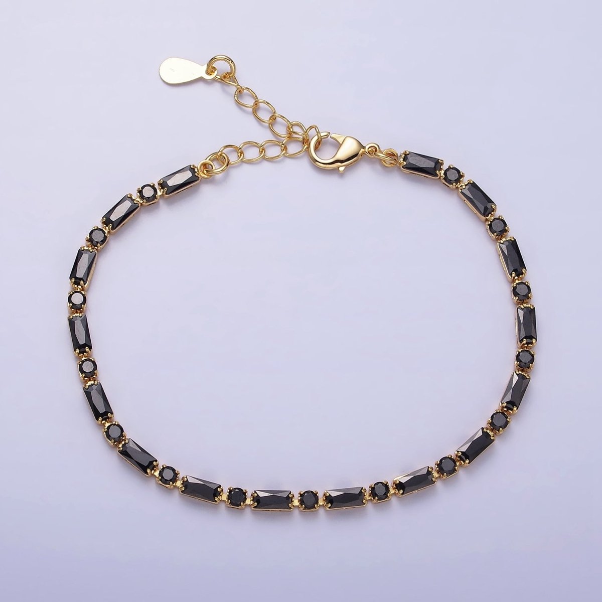 16K Gold Filled Green, Checkered, Black, Clear, Pink 2.5mm Baguette Round CZ 6.5 Inch Tennis Chain Bracelet