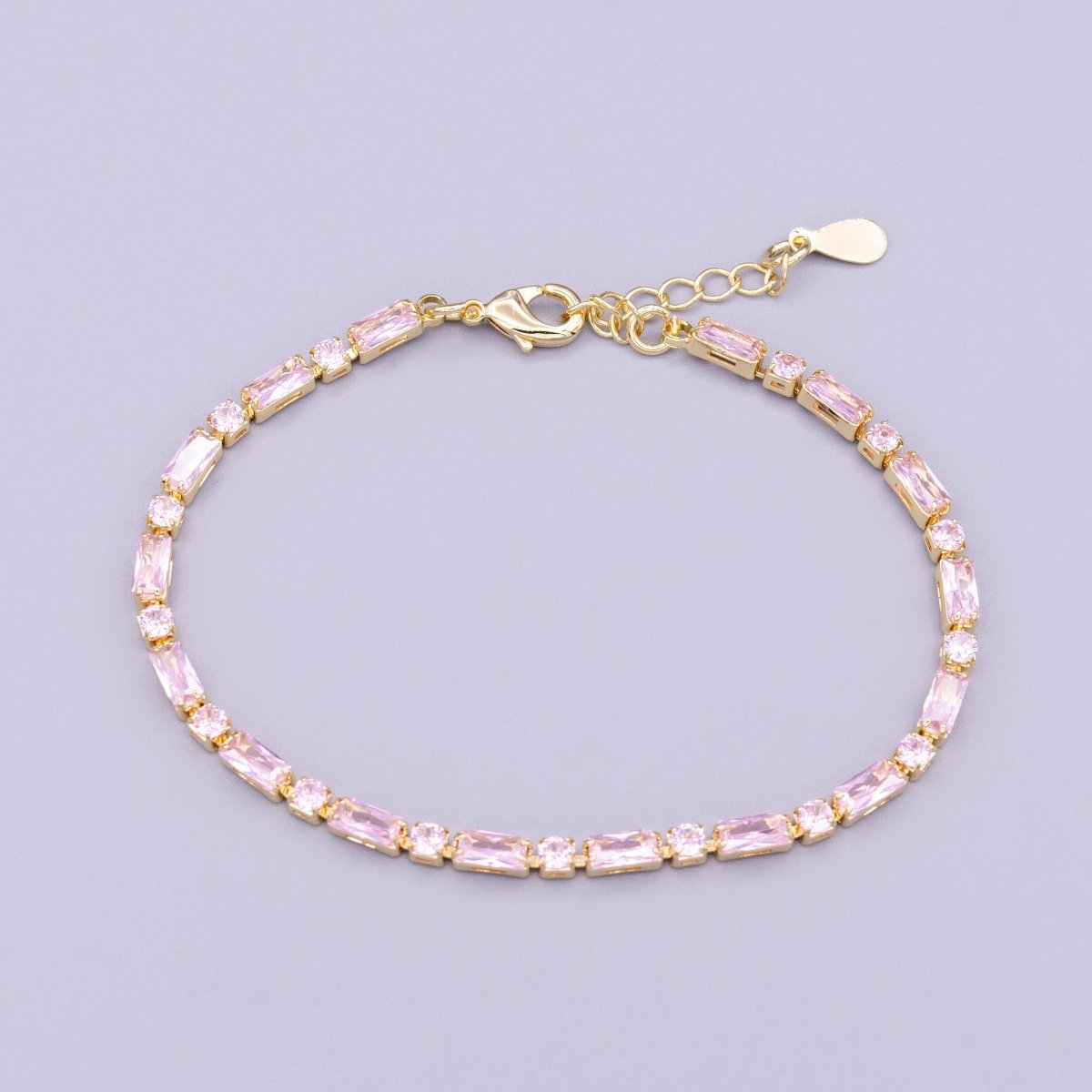 16K Gold Filled Green, Checkered, Black, Clear, Pink 2.5mm Baguette Round CZ 6.5 Inch Tennis Chain Bracelet