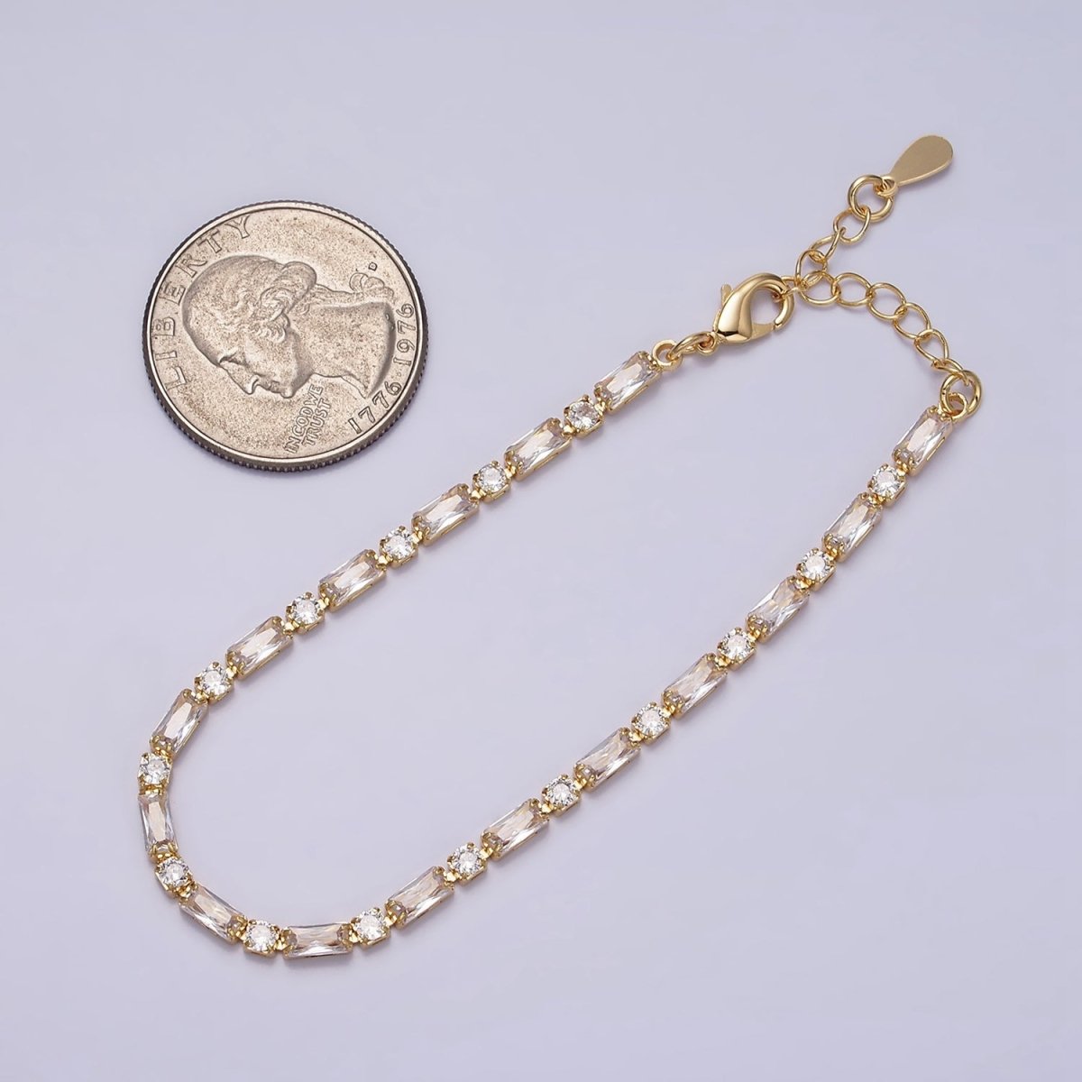 16K Gold Filled Green, Checkered, Black, Clear, Pink 2.5mm Baguette Round CZ 6.5 Inch Tennis Chain Bracelet
