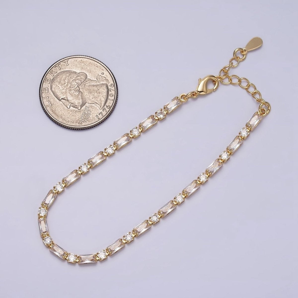 16K Gold Filled Green, Checkered, Black, Clear, Pink 2.5mm Baguette Round CZ 6.5 Inch Tennis Chain Bracelet