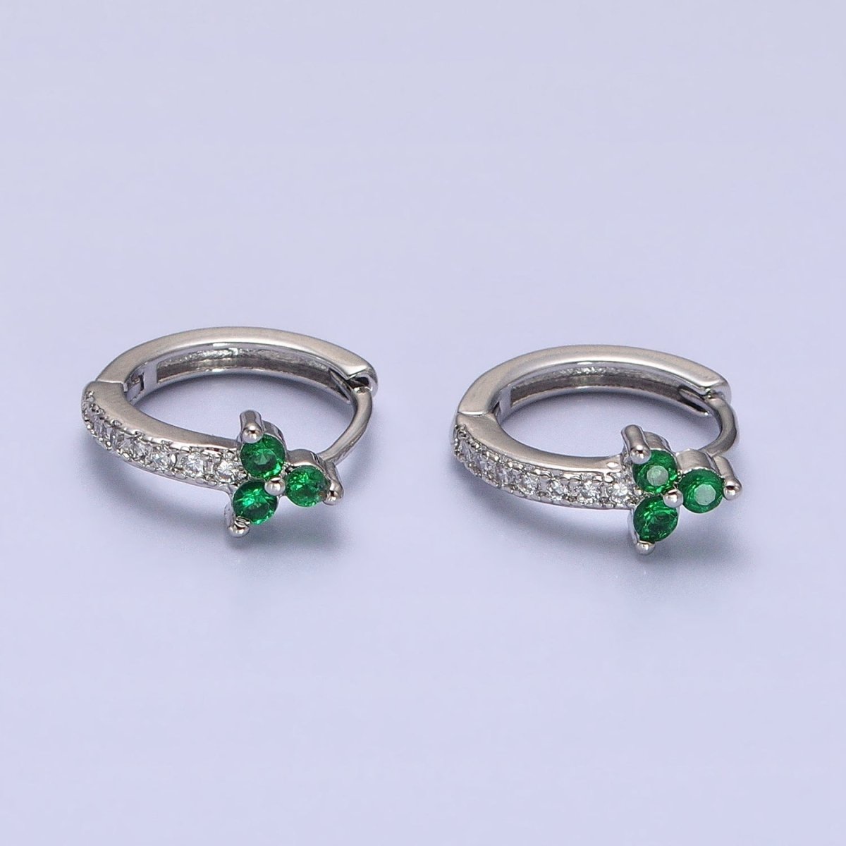 16K Gold Filled Green CZ Flower Arrow Lined 11mm Cartilage Huggie Earrings in Silver