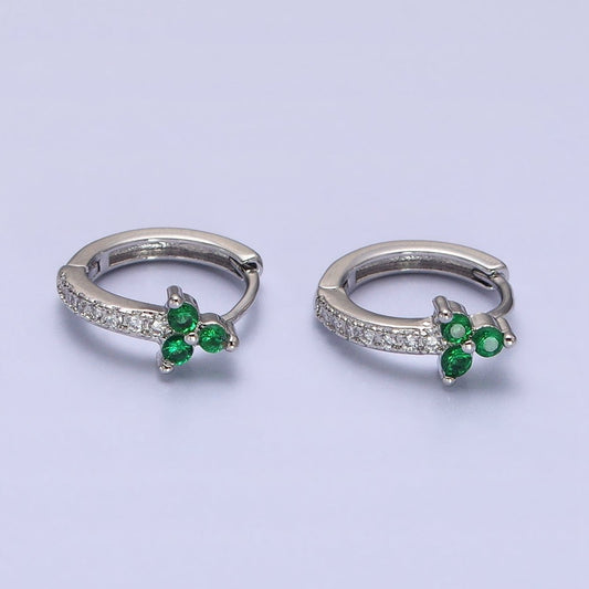 16K Gold Filled Green CZ Flower Arrow Lined 11mm Cartilage Huggie Earrings in Silver