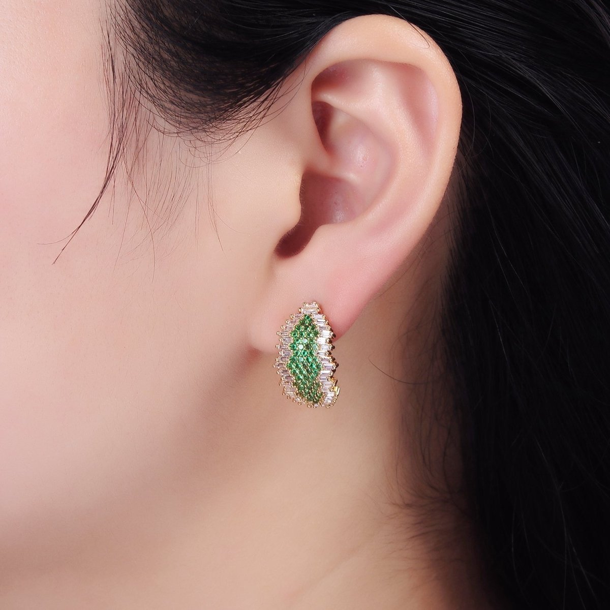 Beautiful 16K Gold Filled Green Micro Paved CZ Baguette Abstract C-Shaped Hoop Earrings