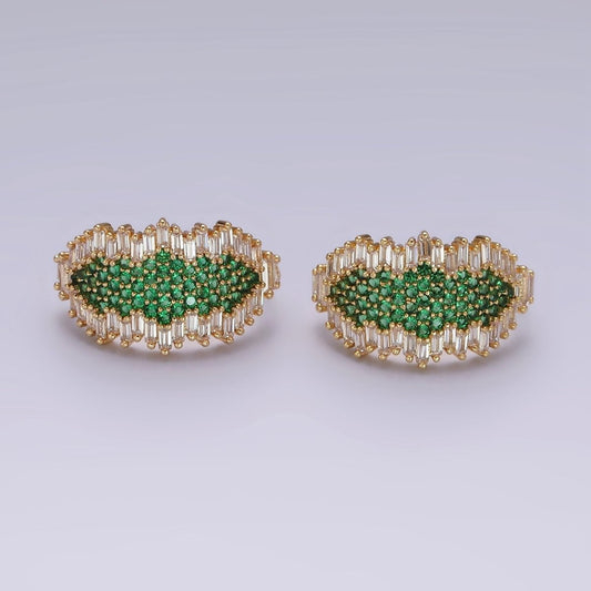 Beautiful 16K Gold Filled Green Micro Paved CZ Baguette Abstract C-Shaped Hoop Earrings