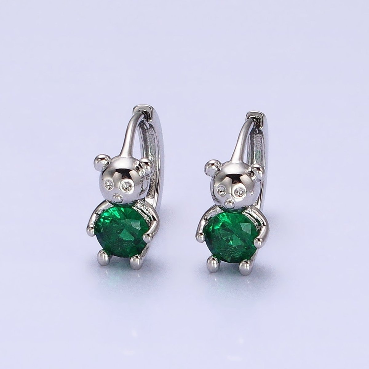 Dainty Gold-Filled Green Round CZ Teddy Bear Animal 11mm Cartilage Huggie Earrings in Silver or Gold