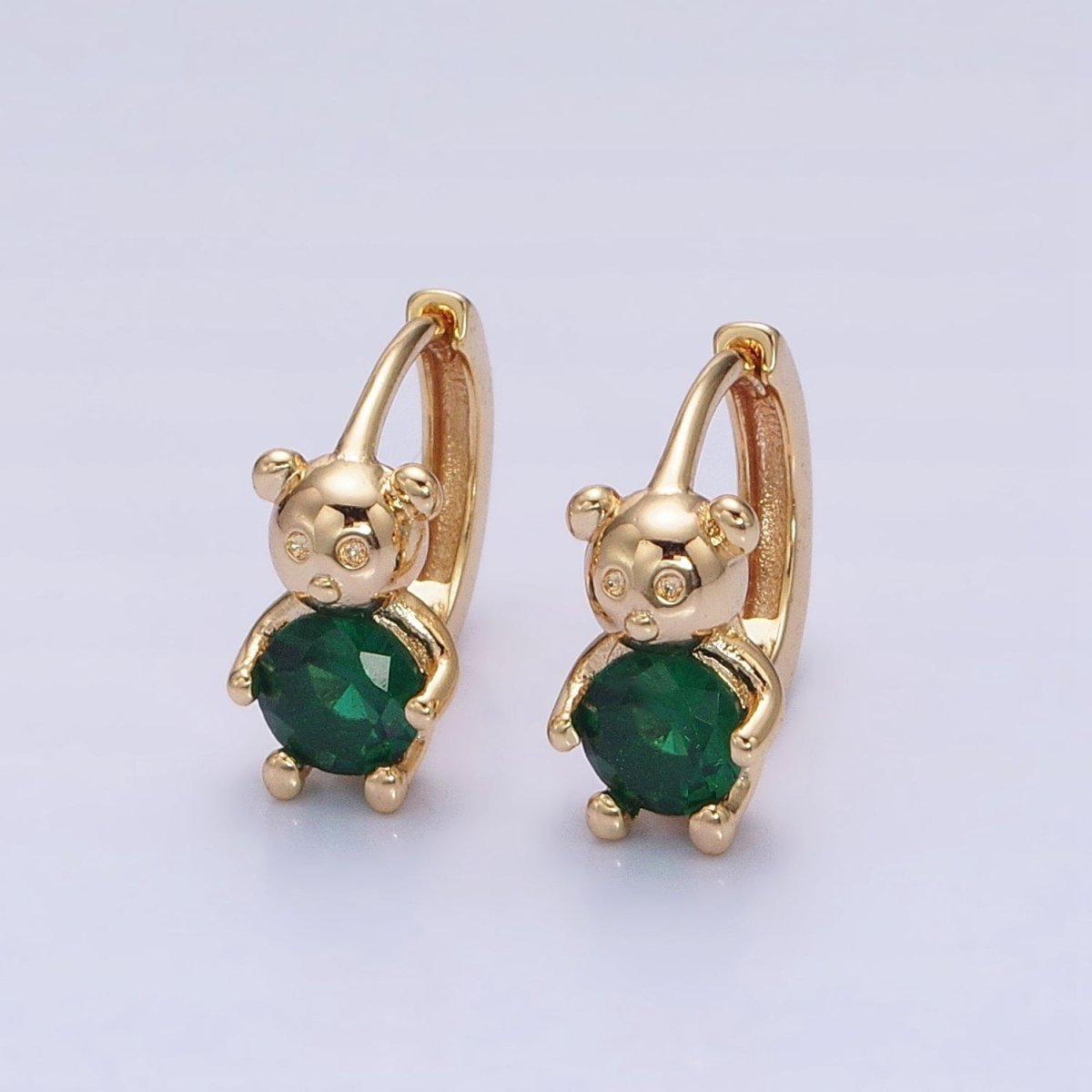 Dainty Gold-Filled Green Round CZ Teddy Bear Animal 11mm Cartilage Huggie Earrings in Silver or Gold