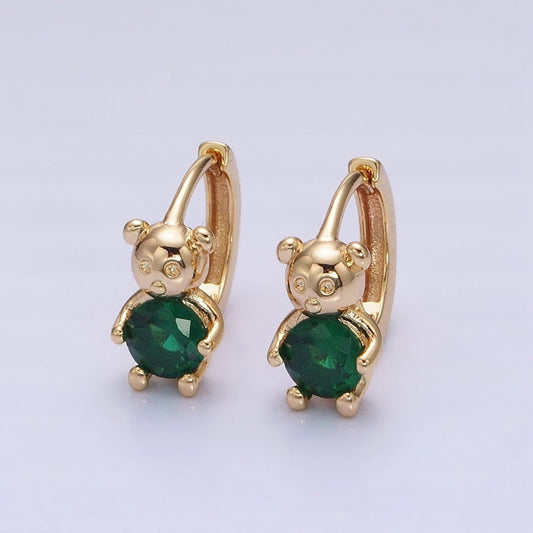 Dainty Gold-Filled Green Round CZ Teddy Bear Animal 11mm Cartilage Huggie Earrings in Silver or Gold