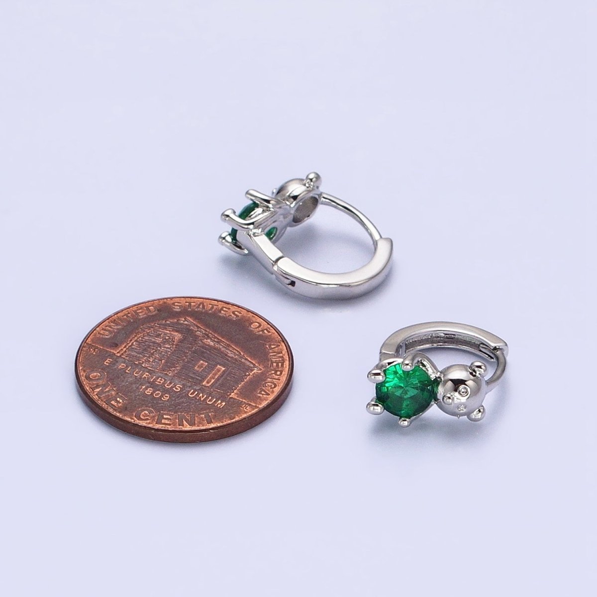 Dainty Gold-Filled Green Round CZ Teddy Bear Animal 11mm Cartilage Huggie Earrings in Silver or Gold