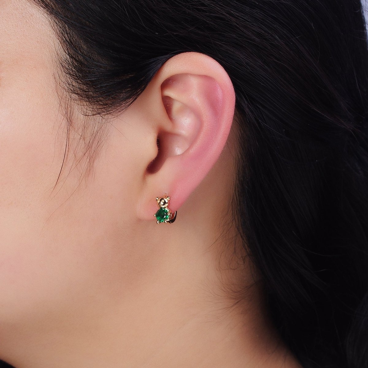 Dainty Gold-Filled Green Round CZ Teddy Bear Animal 11mm Cartilage Huggie Earrings in Silver or Gold