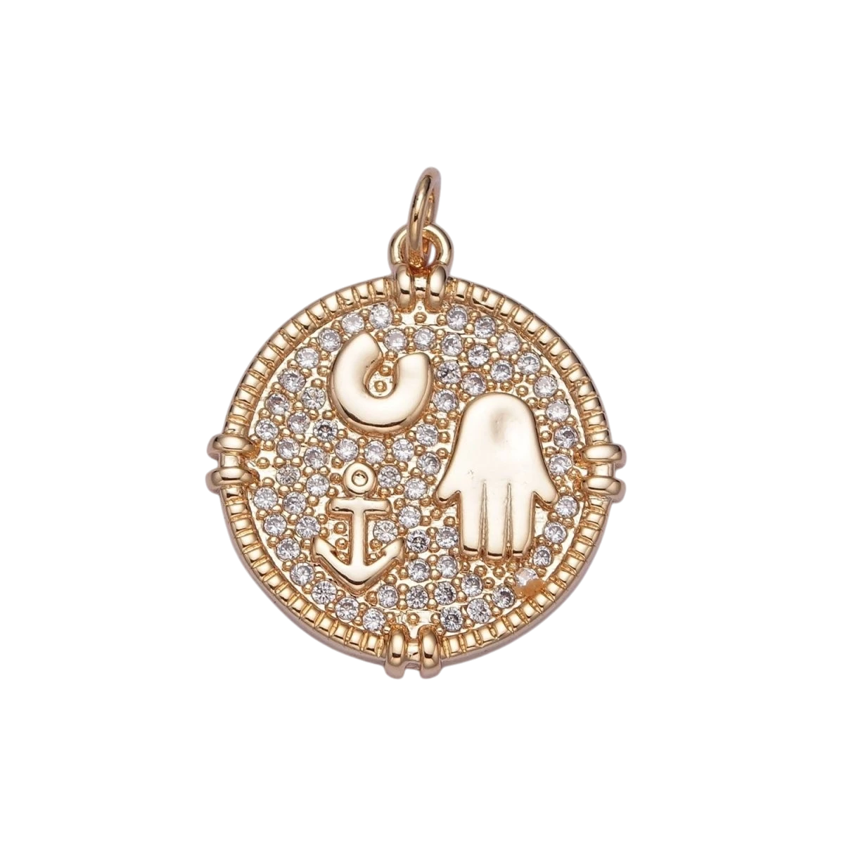 16K Gold Filled Hamsa Hand Horseshoe Anchor Micro Pave CZ Medallion Charm
