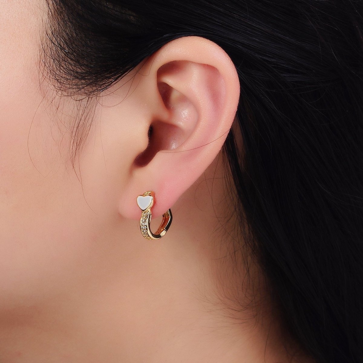 16K Gold Filled Heart White Enamel Micro Paved CZ 15.7mm Huggie Earrings in Gold & Silver