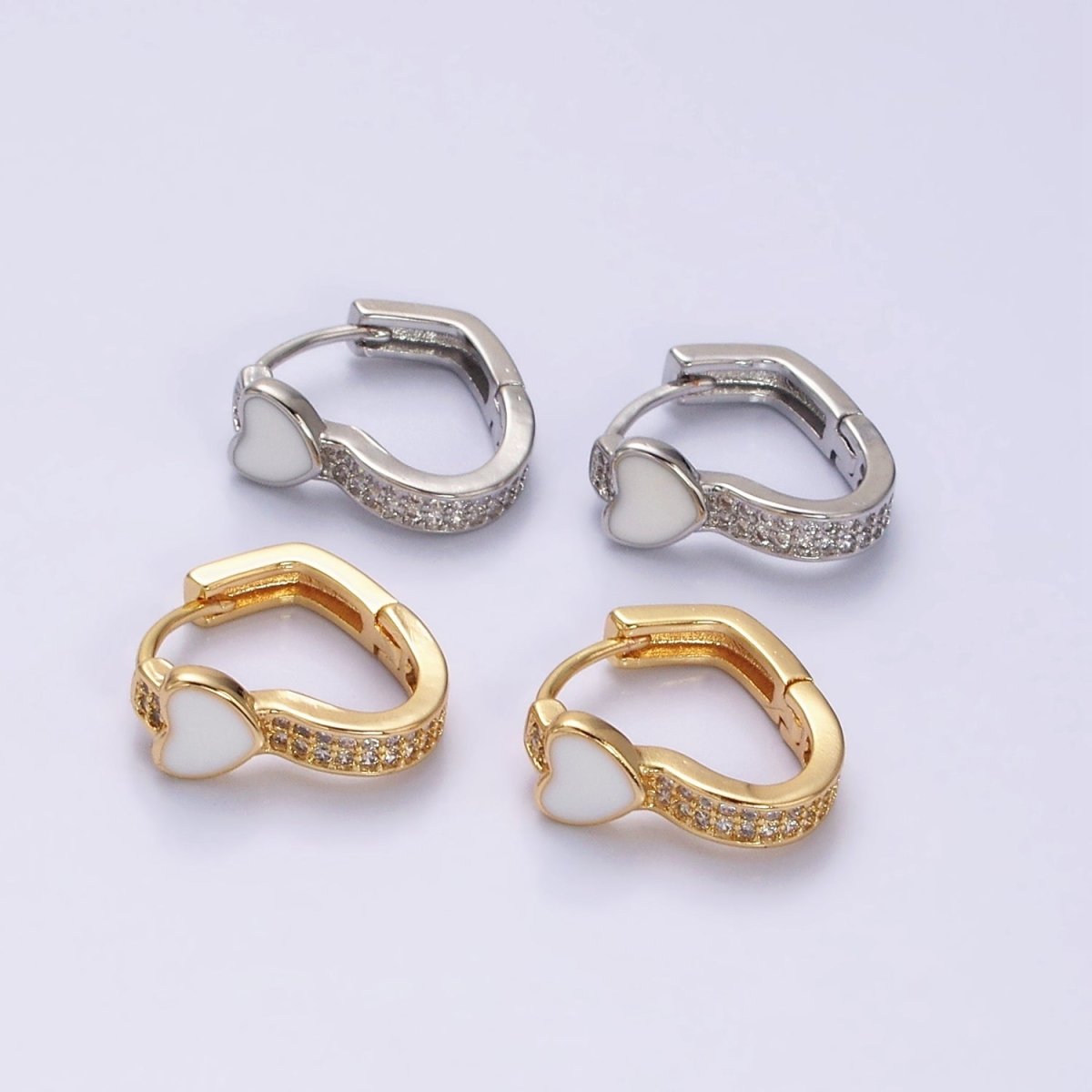 16K Gold Filled Heart White Enamel Micro Paved CZ 15.7mm Huggie Earrings in Gold & Silver