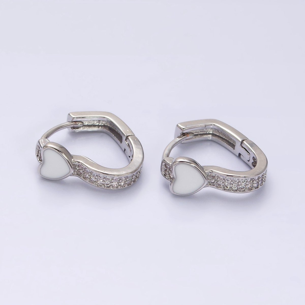 16K Gold Filled Heart White Enamel Micro Paved CZ 15.7mm Huggie Earrings in Gold & Silver