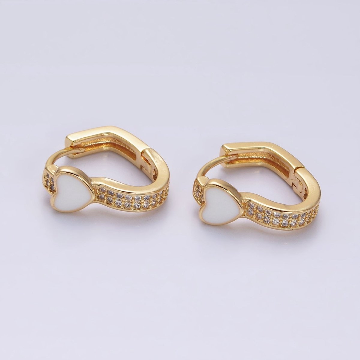 16K Gold Filled Heart White Enamel Micro Paved CZ 15.7mm Huggie Earrings in Gold & Silver