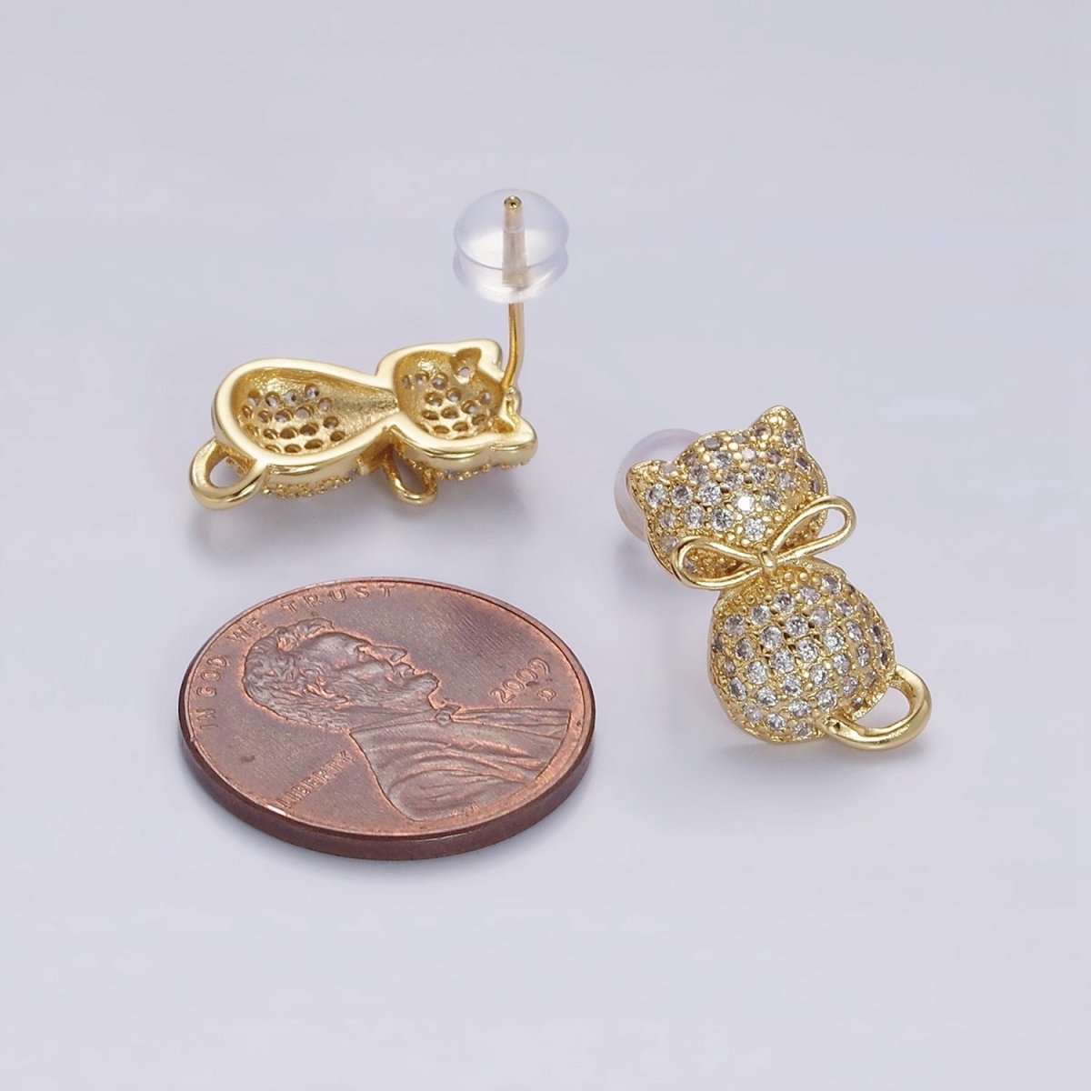 Sweet 16K Gold Filled Kitty Cat Silhouette Bow Ribbon Micro Pave CZ Stud Earrings