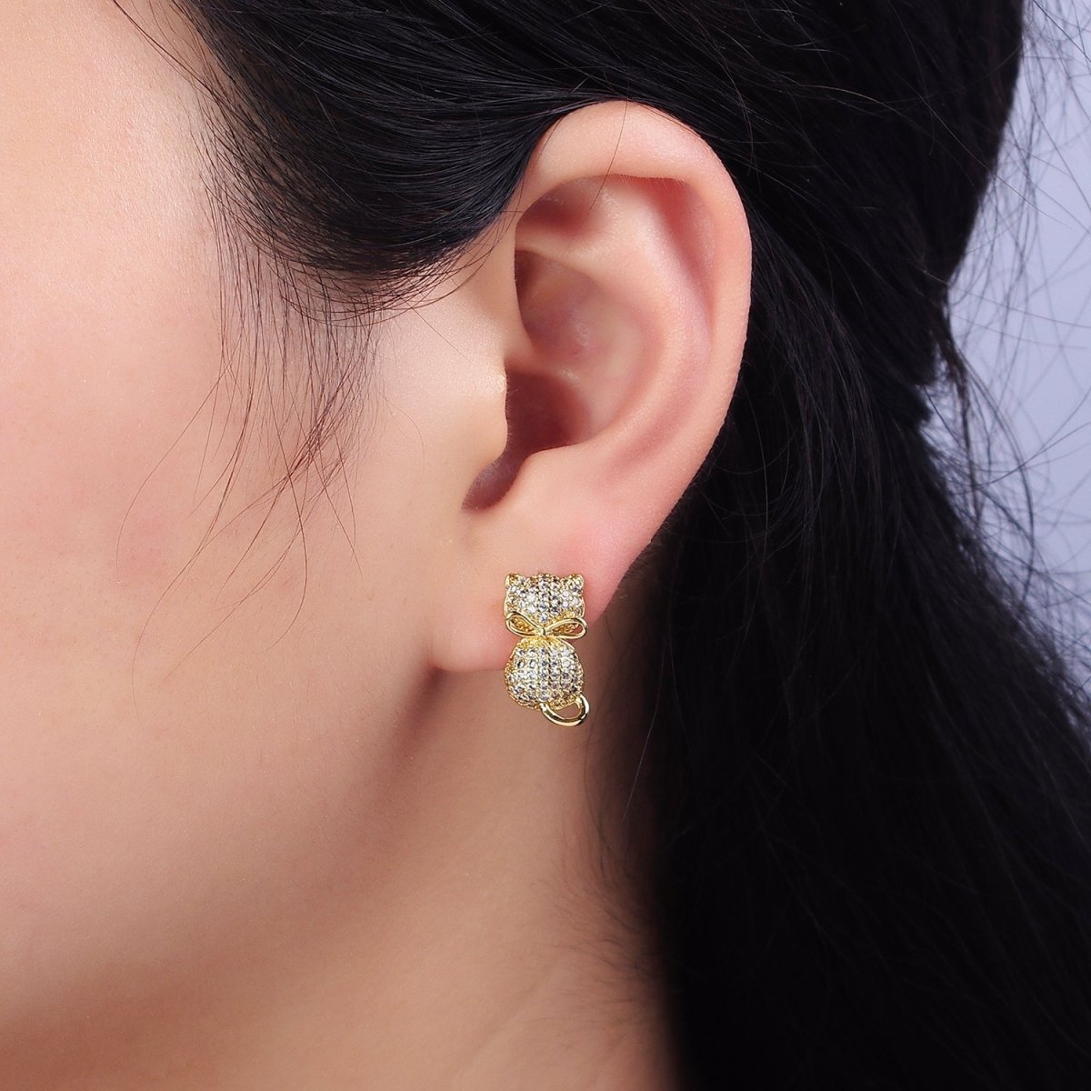 Sweet 16K Gold Filled Kitty Cat Silhouette Bow Ribbon Micro Pave CZ Stud Earrings