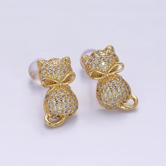 Sweet 16K Gold Filled Kitty Cat Silhouette Bow Ribbon Micro Pave CZ Stud Earrings