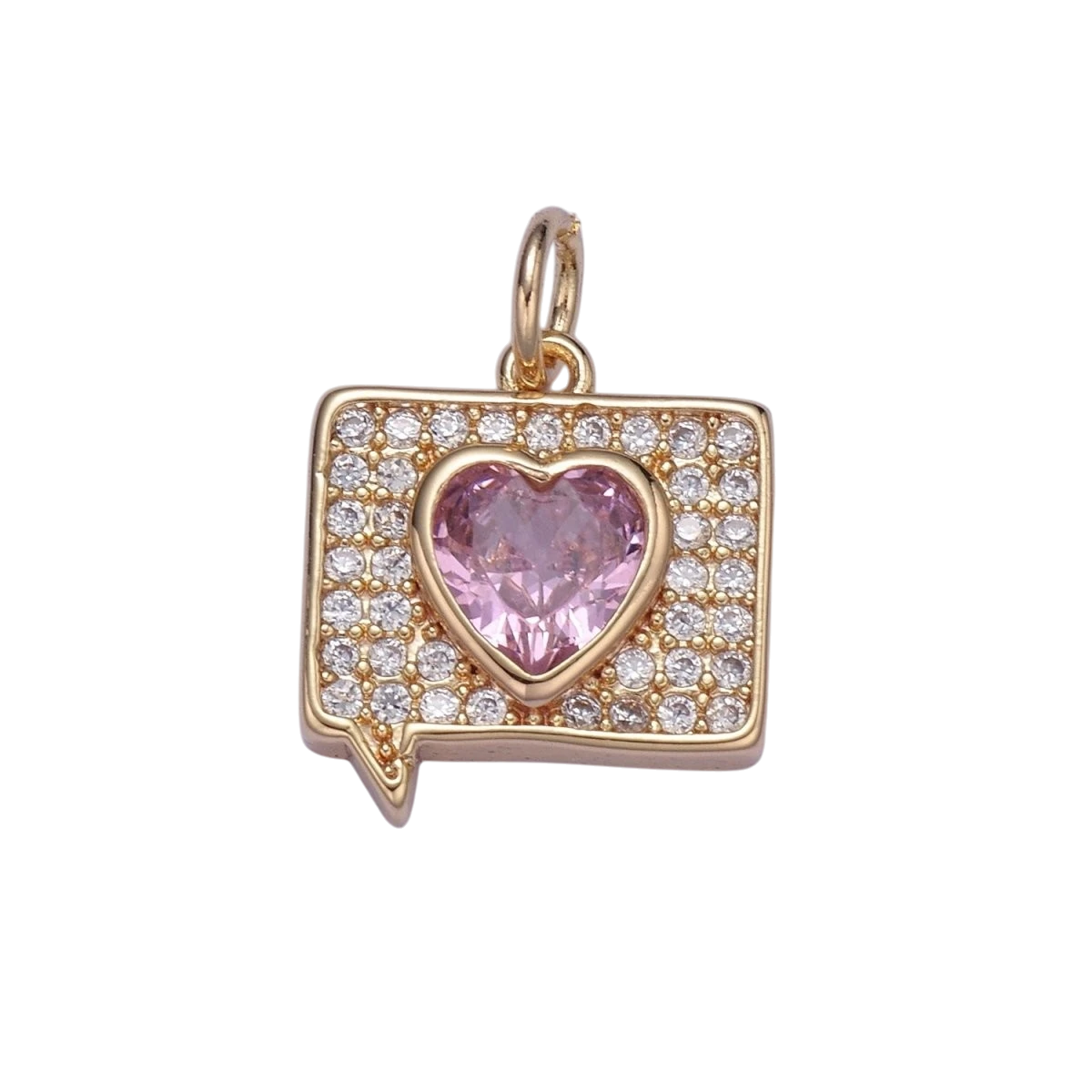 16K Gold Filled 17mm x 13mm Micro Pave Heart Message Emoji Charm Pink Heart Charm
